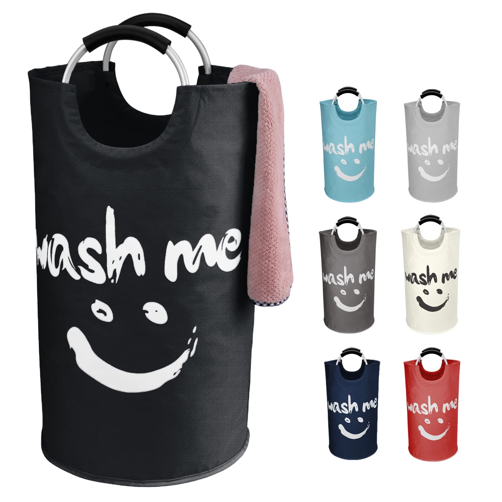 IHOMAGIC 95L Large Laundry Basket Collapsible Laundry Hamper with Aluminium Handle Washing Bin with Smiley Pattern Storage Bag for Clothes Toys Basket Organiser for Bathroom Office Dorm (Black)