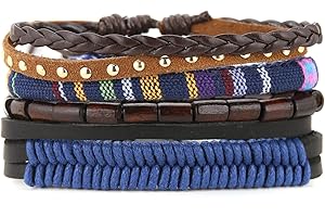 HZMAN Wrap Bracelets Men Women, Hemp Cords Wood Beads Ethnic Tribal Bracelets, Leather Wristbands