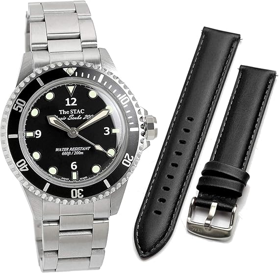 Amazon ザ スタック The Stac 日本製 国産 クラシック ダイバーズウォッチ ブラック 替えベルトセット ブラックプレーン スイープセコンド 腕時計 メンズ 38mm Classic Scuba 0 メンズ腕時計 腕時計 通販