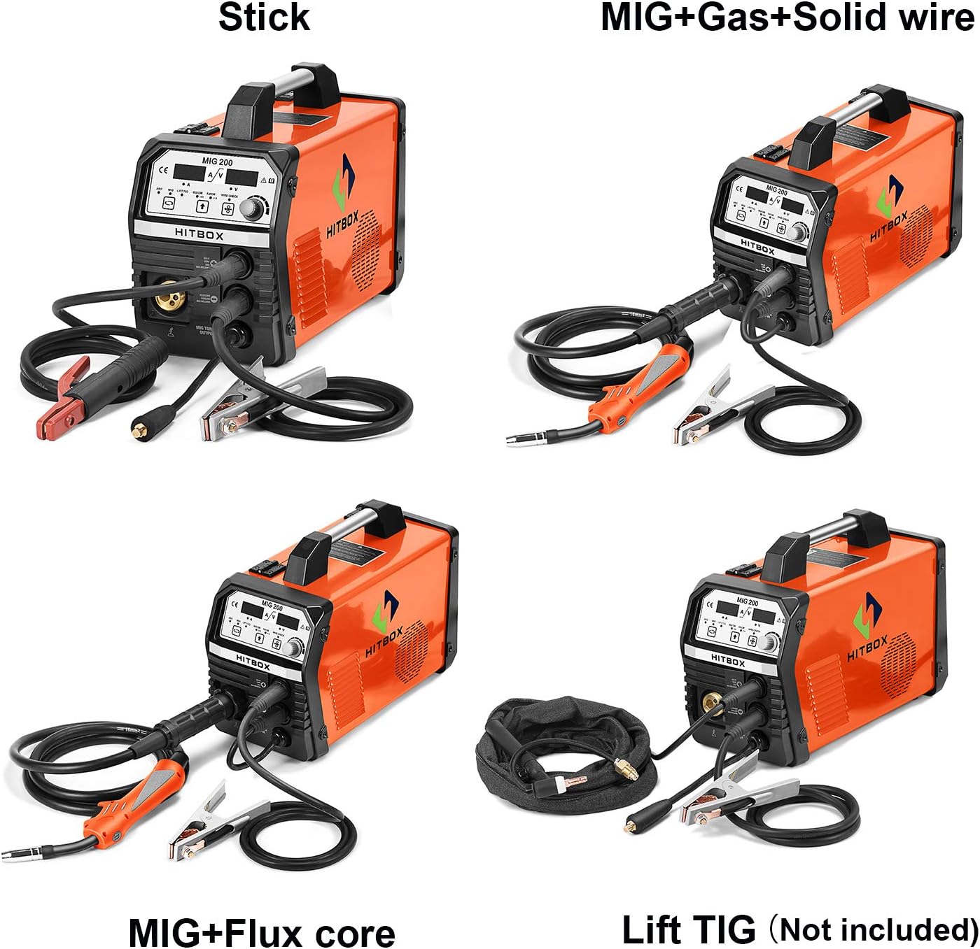 HITBOX MIG Welder 200Amp Inverter MIG ARC Lift TIG Gas Gasless 4 in 1 Multifunction MIG Welding Mahcine 220V Flux Cored Wire Solid Core Wire Welding Equipment - - 
