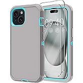Annymall for iPhone 15 Case with 2 Screen Protector,Shockproof Drop Protection Full Body Heavy Duty 3-Layer Military Rugged Durable Phone Cover for Apple iPhone 15 6.1" (Gray)