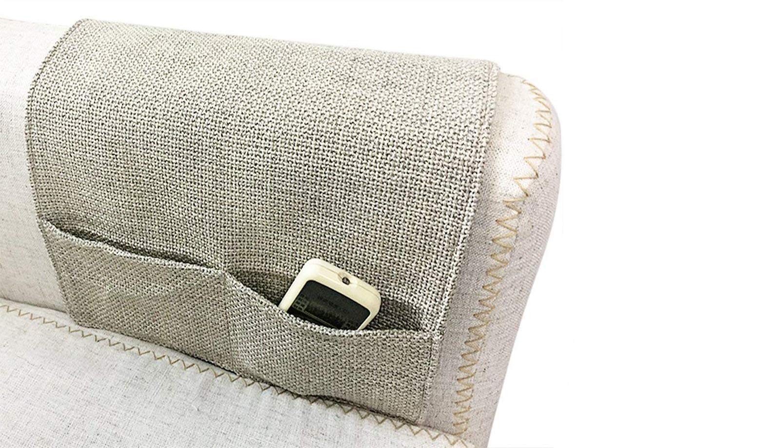 Anti-Slip Couch Sofa Armrest Organiser Chair Bedside Storage Pocket TV Remote Holder Bed Storage Pocket Bag for Cellphone Notepad Book Magazines Holder Pouch (#C2-Beige (Dual Pockets on each end))