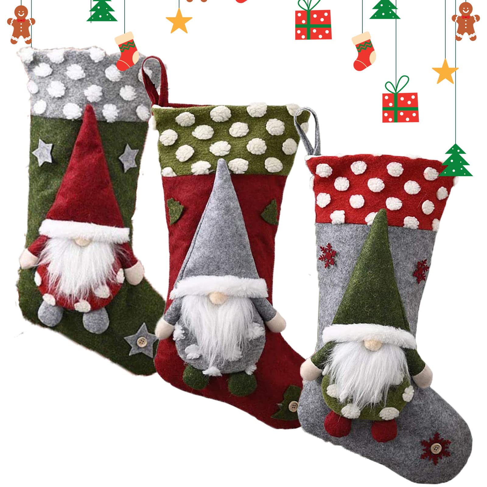ALLYE Christmas Stockings Large 3 Packs, 19’’ Xmas Fireplace Hanging Stockings with Swedish Gnome Santa, Candy Pouch Gift Bag Christmas Tree Ornaments Decoration