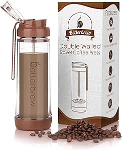Betterbrew Travel French Press Coffee Maker | Portable Insulated Coffee Press with Plunger for Travel, Commuting and Outdoors | Borosilicate Glass Cup for Proper Coffee To Go! (15 oz)…