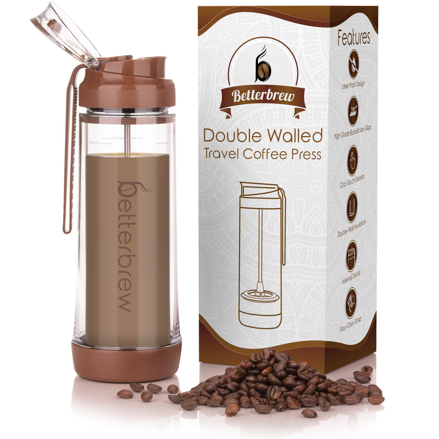 Betterbrew Travel French Press Coffee Maker | Portable Insulated Coffee Press with Plunger for Travel, Commuting and Outdoors | Borosilicate Glass Cup for Proper Coffee to Go! (15 oz)