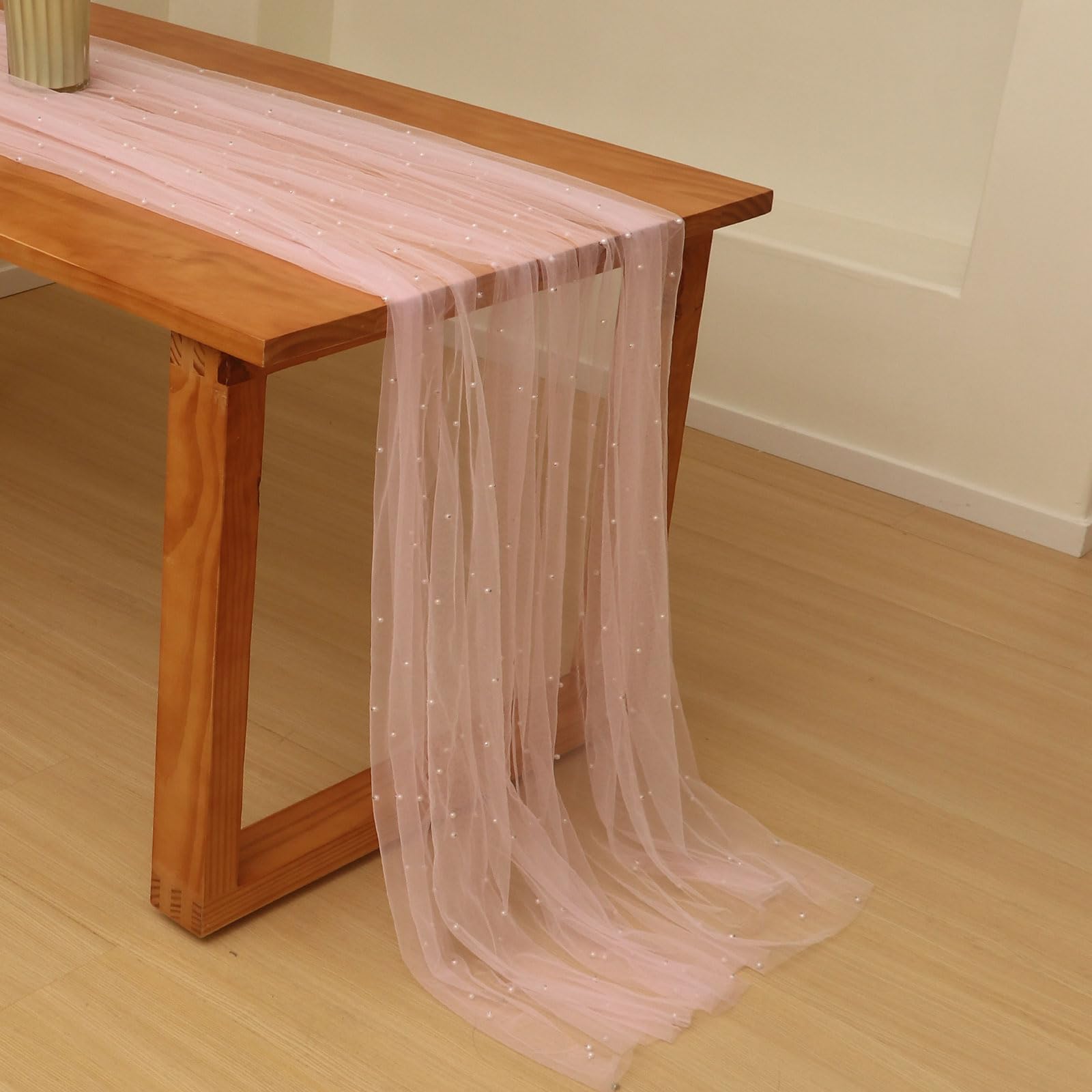 Photo 1 of GUANSEN 10FT Pink Pearl Table Runner, Dessert Fabric Tulle Table Runner Cloth for Wedding Birthday Bridal Shower Wedding Arch Veil Decorations