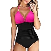 RXRXCOCO Women V Neck One Piece Swimsuits Tummy Control Ruched Swimwear Halter Bathing Suit