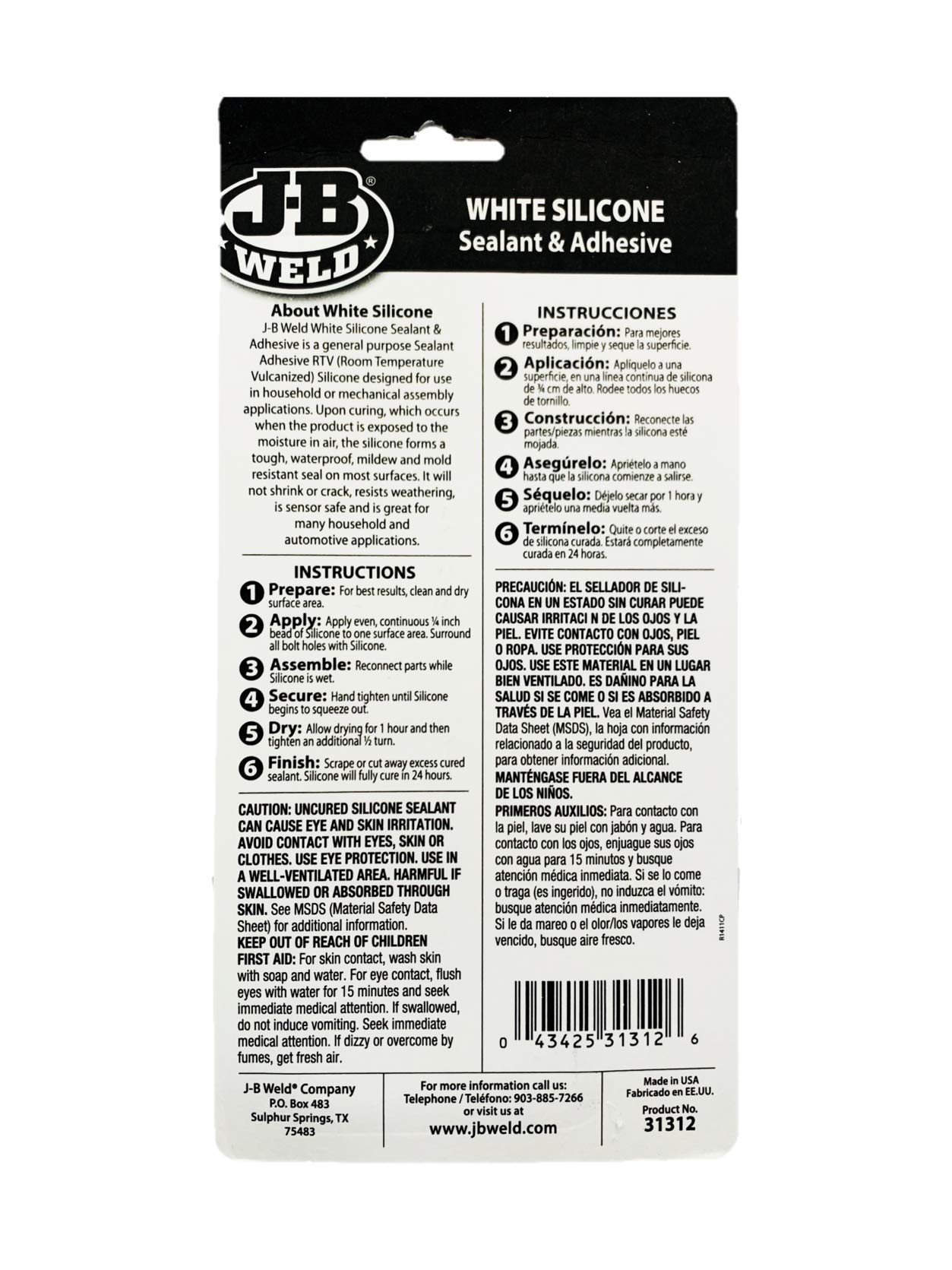 J-B Weld 31312 White All-Purpose RTV Silicone Sealant and Adhesive - 3 oz.