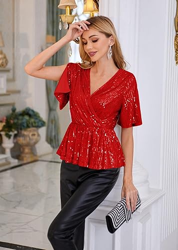 Women's Club Tops Glitter Wrap V Neck Party Shirt Split
