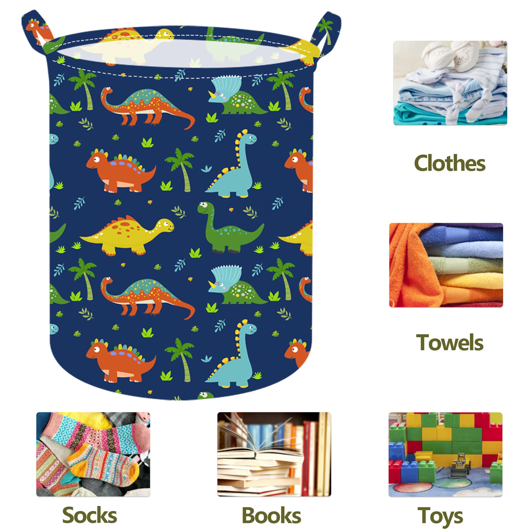 19.7 Inch Dinosaur Round Kids Laundry Clothes Hamper Dino Laundry Basket with Handles,Baby Toys Storage Organizer Bins Laundry Gift Basket for Boys and Girls Room, Bedroom Decor