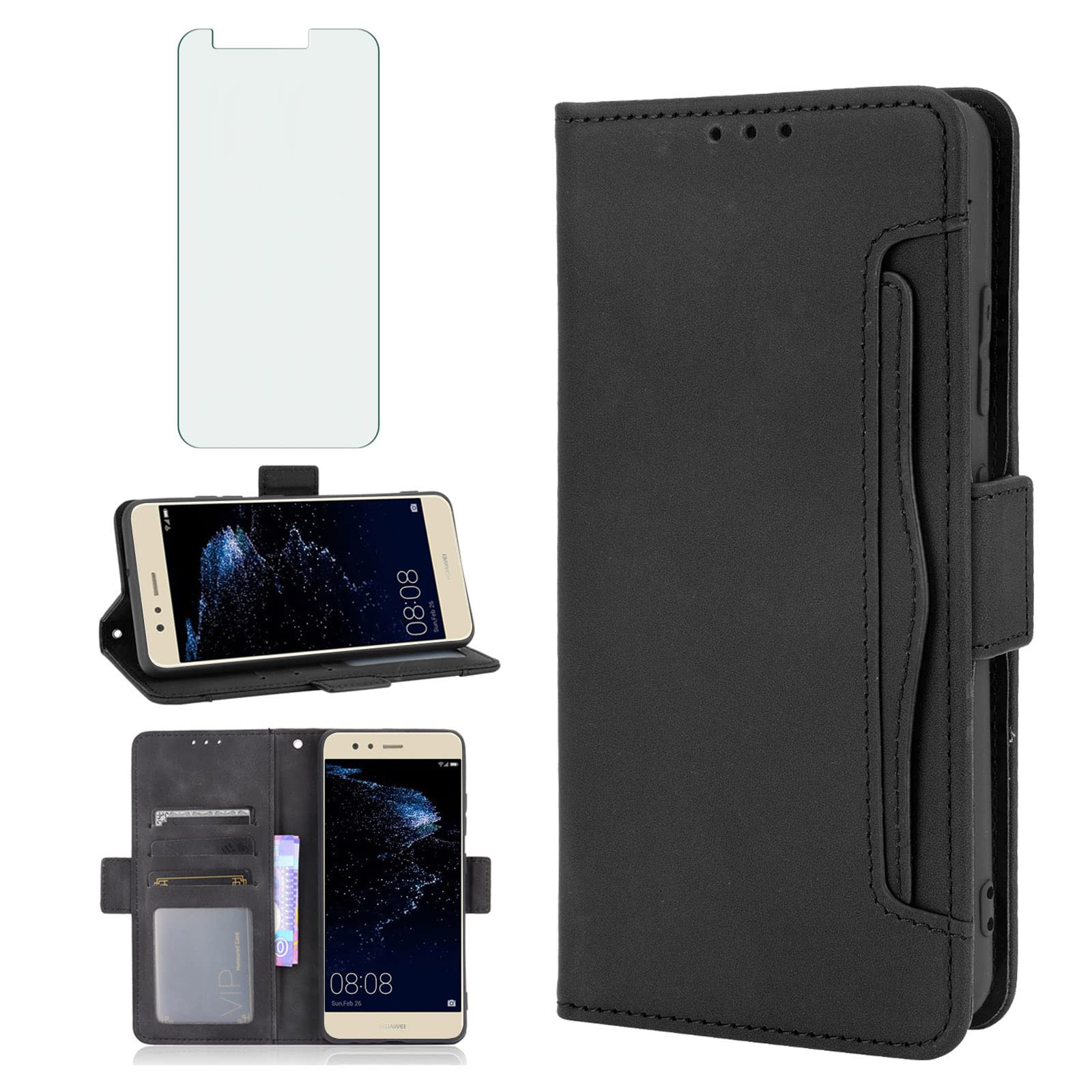 Asuwish Compatible with Huawei P10 Lite Wallet Case Tempered Glass Screen Protector and Leather Flip Cover Card Holder Stand Phone Cases for Hawaii P10Lite 10P P 10 10Lite 2017 Women Men Black
