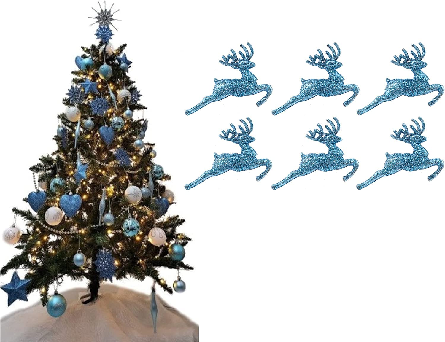 UKDeals Direct® ICE BLUE COLLECTION CHRISTMAS DROPLET BAUBLES TREE DECORATIONS GLITTER MATT ICICLES (Pack of 6 Reindeer)