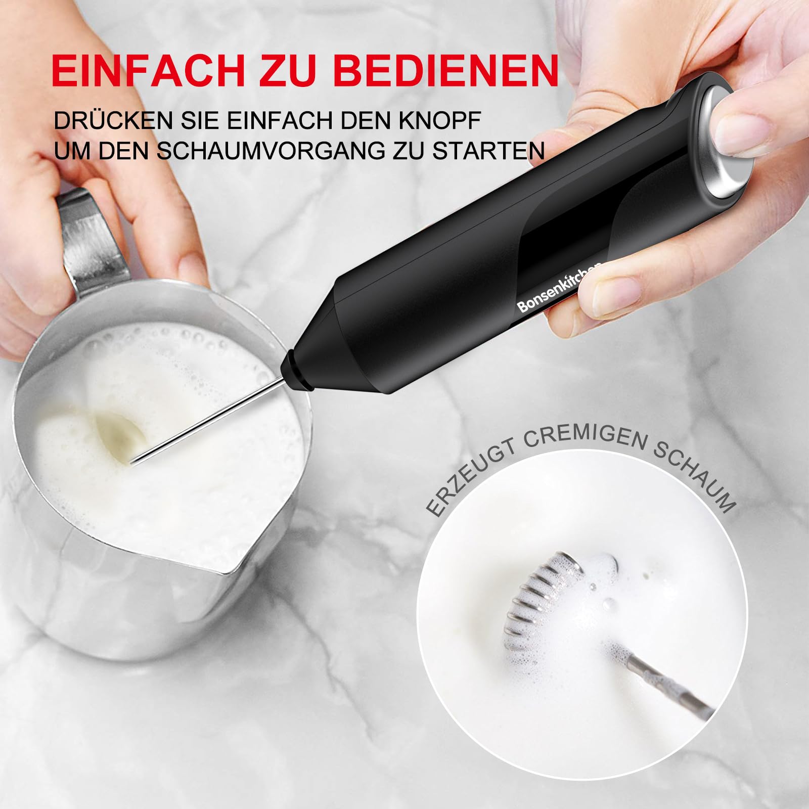 Bonsenkitchen Elektrische Milchaufschäumer, Handheld Milchschäumer Stab für Kaffee, Geschenkschaumbereiter für Kaffeeliebhaber, Latte Macchiato, Cappuccino, batteriebetrieben, Kaffeemixstab-Schwarz 3