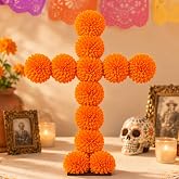 OBUSATT Marigold Mexican Cross Dia De Los Muertos Cross with Stand(Orange) | Day of the Dead Decoration, Mexican Floral Cross Wall Decor, Marigold Decorative Cross Displays, Photo Backdrops