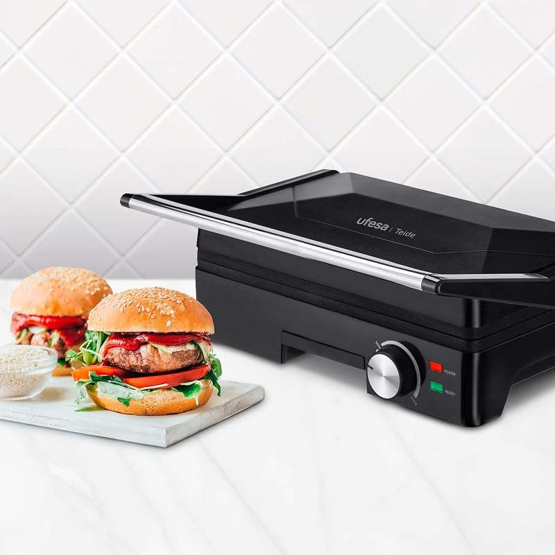 Teide Parilla Eléctrica, Panini Press Grill, 1600W, Placas Antiadherentes, Apertura 180º, Regulador de Temperatura, Asa Toque Frio, Negro — foto 6 de 6