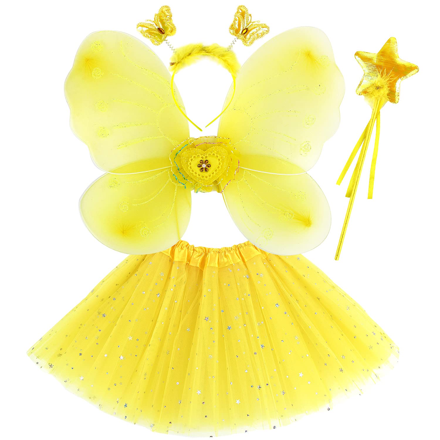 Discoball Girls Fairy Costume Set Princess Tutu Skirt Fairy Magic Butterfly Wings Dress Up Fantasy Costume Play with Butterfly Wings, Magic Wand and Headband Set for 3-8 Years Girls (Yellow)