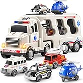 TEMI 5 Pack Ambulance Vehicle Toddler Truck Toys for 3 4 5 6 Year Old Boys, Friction Powered Cars with Toy Helicopter, Police Car, Fire Truck, Ambulance Car, Birthday Gifts for Girls Age 3-9