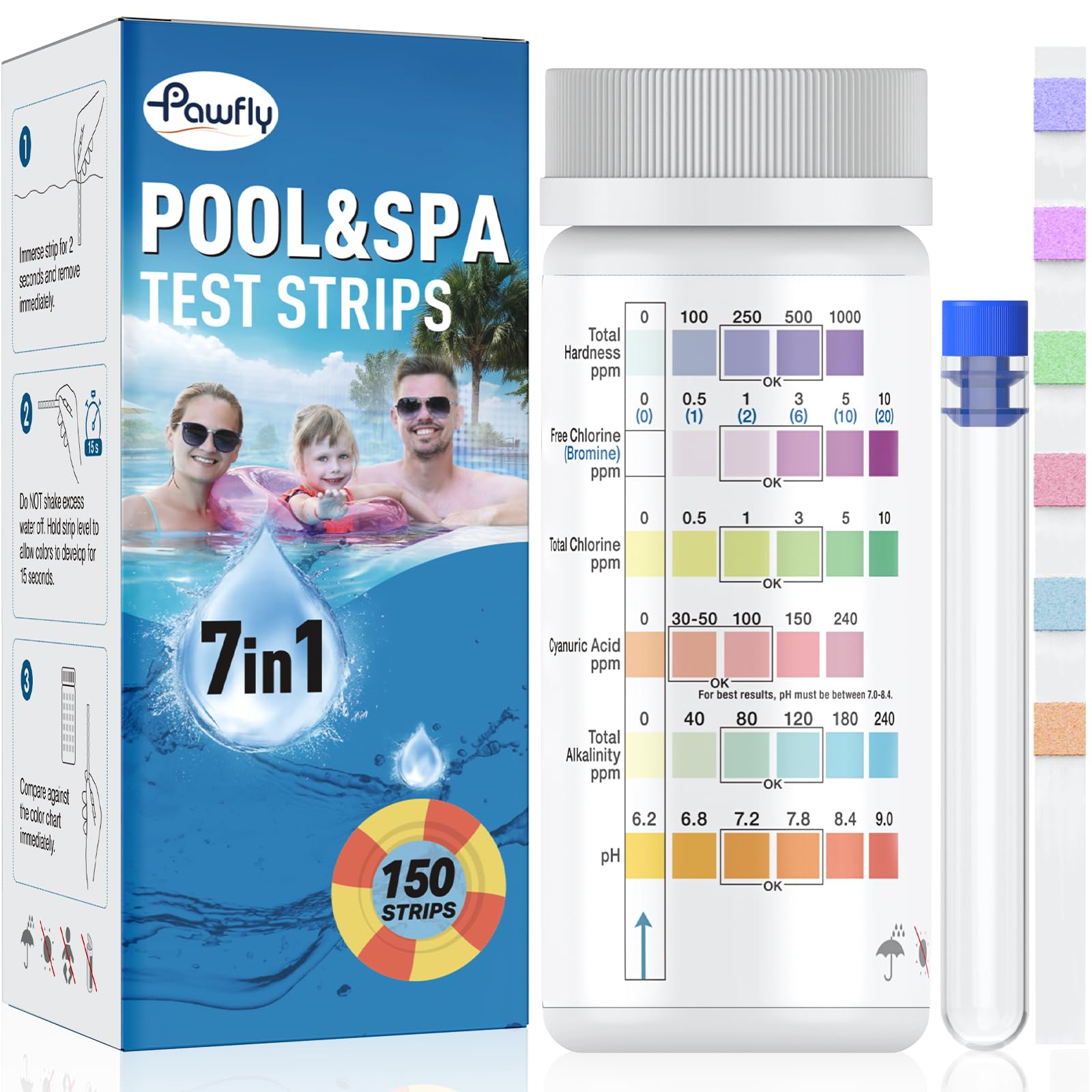 Pawfly 7 in 1 Hot Tub Test Strips Clearwater Pool and Spa 150 Testing Strips Water Test Kit Accurate for pH Chlorine Total Chlorine Hardness Bromine Cyanuric Acid Alkalinity