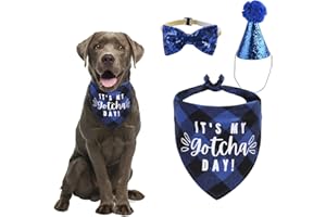 HACRAHO Dog Birthday Bandana Hat Bow Tie Set, 3 Pieces My Gotcha Day Plaid Dog Bandana Dog Triangle Bibs Scarf Bowtie Collar with Cone Dog Birthday Hat for Dog Birthday Party, Blue