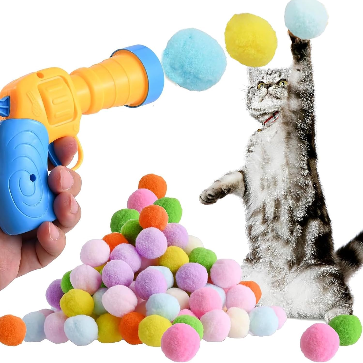 SXFENG Interactive Cat Toy - Pom Pom Balls With Launcher for Cats and Kittens - Indoor Pet Exercise Training and Chasing Toy (100pcs)