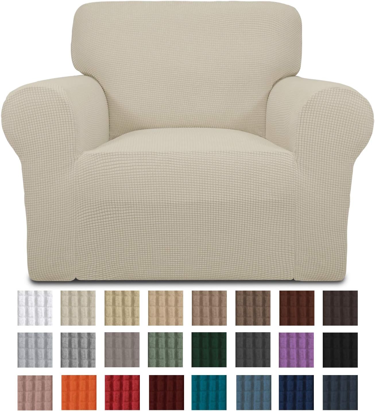 Easy-Going Stretch Chair Sofa Slipcover 1-Piece Couch Sofa Cover Furniture Protector Soft with Elastic Bottom for Kids. Spandex Jacquard Fabric Small Checks(Chair,Ivory: Home & Kitchen