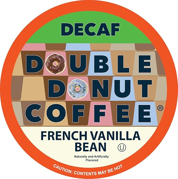 DOUBLE DONUT DECAF FRENCH VANILLA COFFEE PODS, MEDIUM ROAST SINGLE SERVE FRENCH VANILLA BEAN DECAF FLAVORED COFFEE PODS FOR KEURIG K CUP BREWERS, 24 COUNT