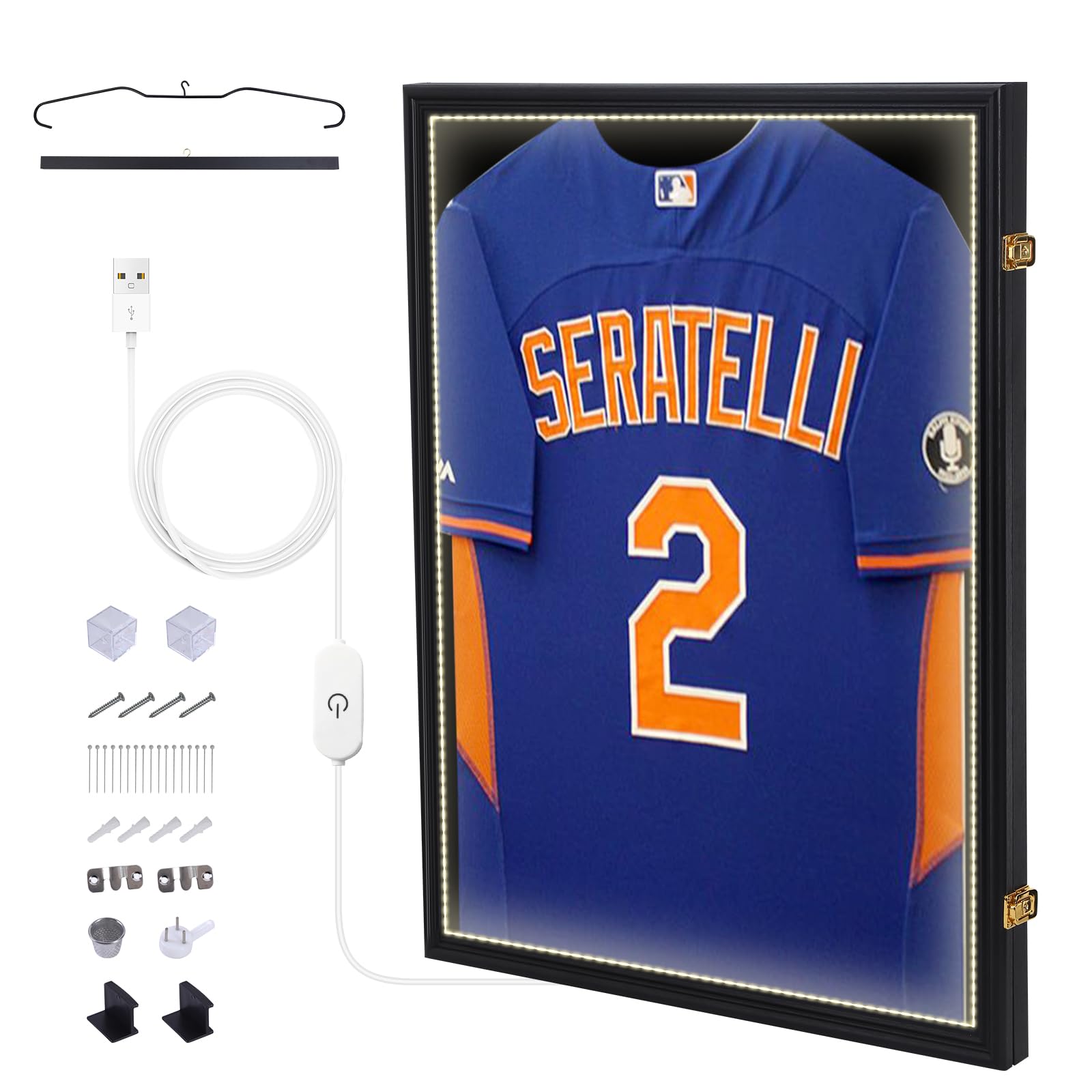 Photo 1 of Jersey Frame LED Display Case Shadow Box with LED Light, Lockable with 98% UV Resistant Extra Large Frame 32’’ x 24’’ with Locks, Hangers, Wall Mount for Jersey and Uniform (1-Pack)