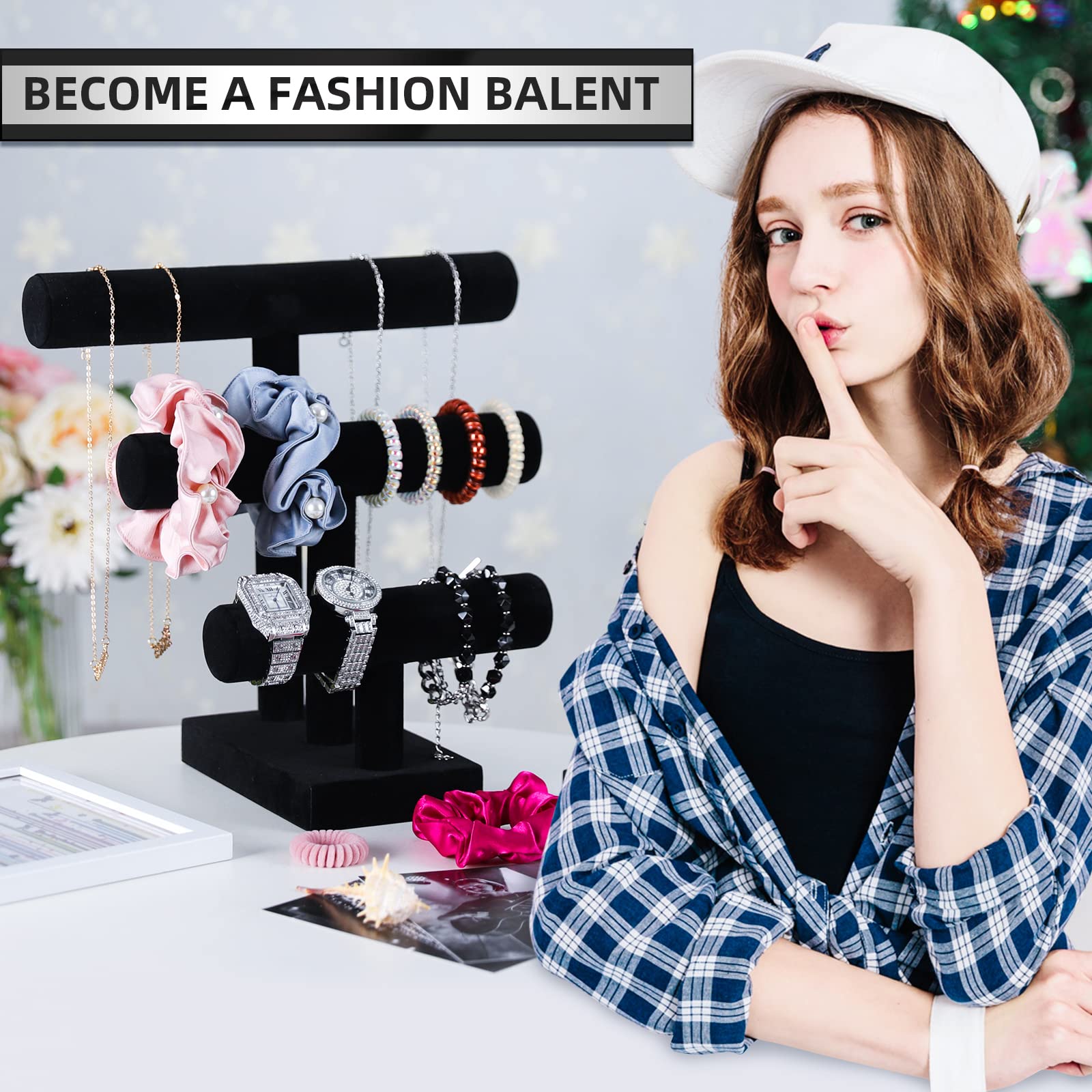 ByKen Jewelry ByKen Jewelry T Bar Bracelet Display Stand,Bracelet Organizer Holder,Jewelry Display Stand, Necklace Bangle Scrunchie Watch Organizer (Black, 3 tier)
