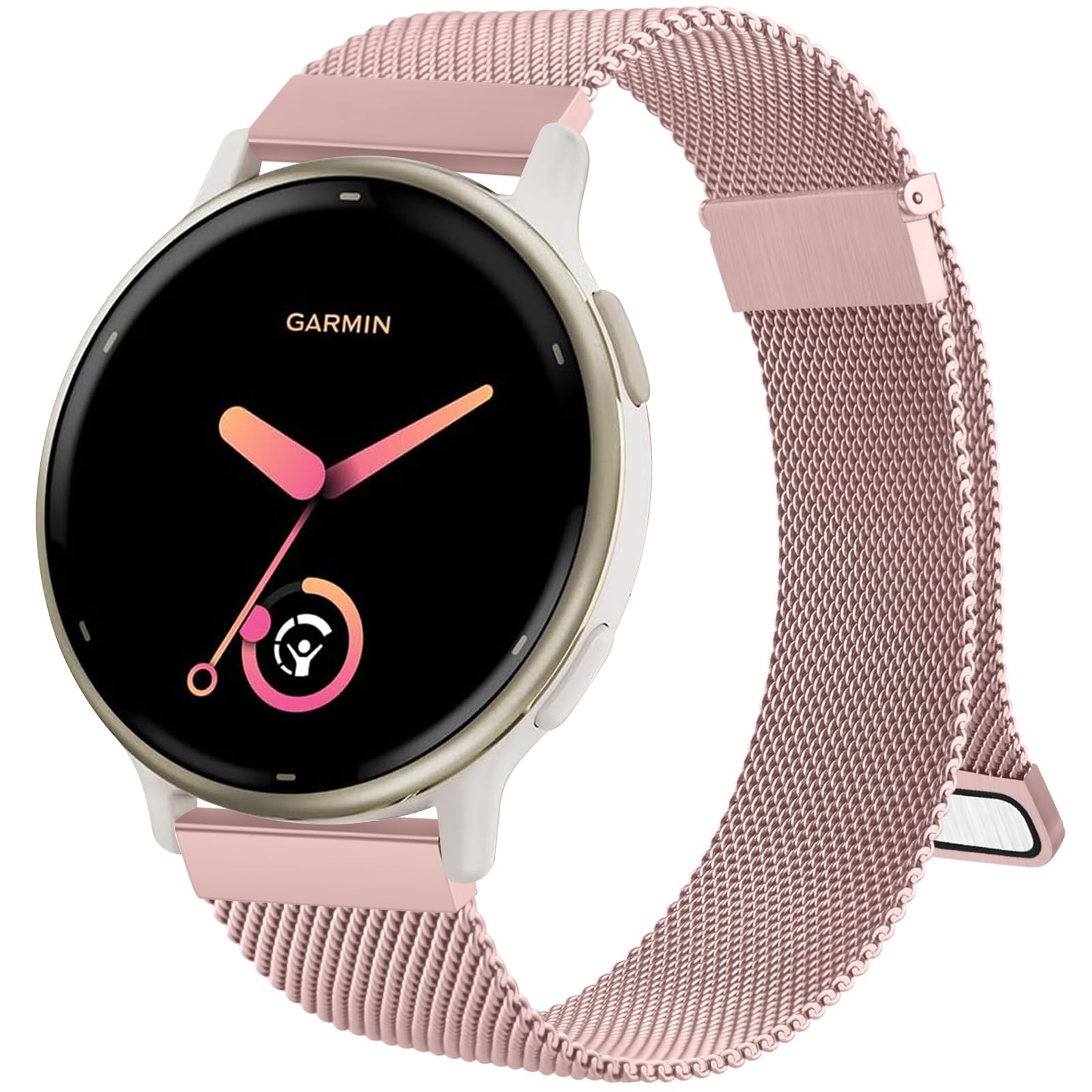 Metal Strap for Garmin Venu Sq/Sq 2 Music, Vivoactive 5/3, Forerunner 55/645/245 - 20mm Stainless Steel Replacement Band With Enhanced Magnet (Rose Pink)
