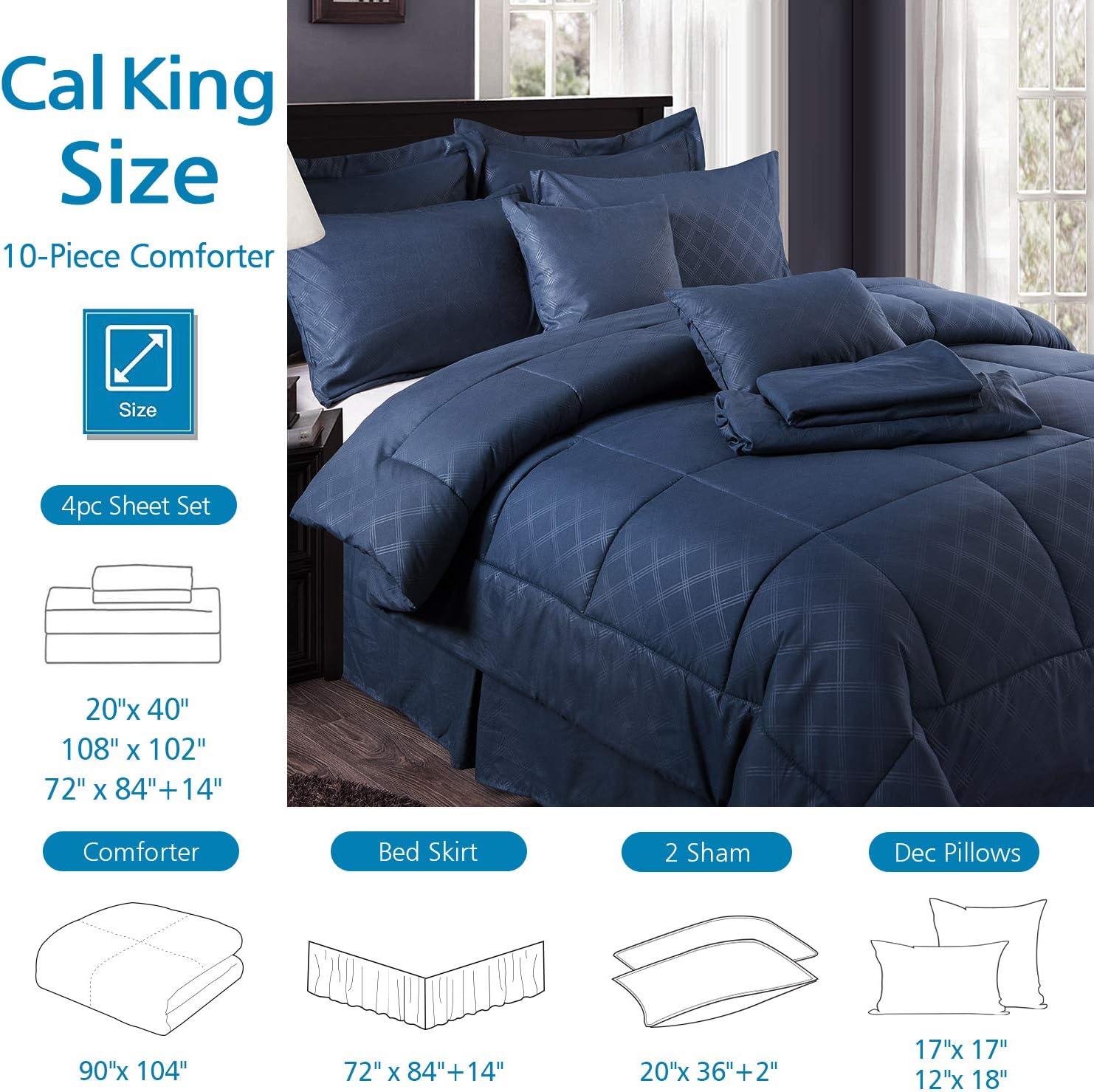 JML Comforter Set, 10 Piece Microfiber Bedding Comforter Sets with Shams - Luxury Solid Color Quilted Embroidered Pattern, Perfect for Any Bed Room or Guest Room (Navy, Cal King): Kitchen & Dining