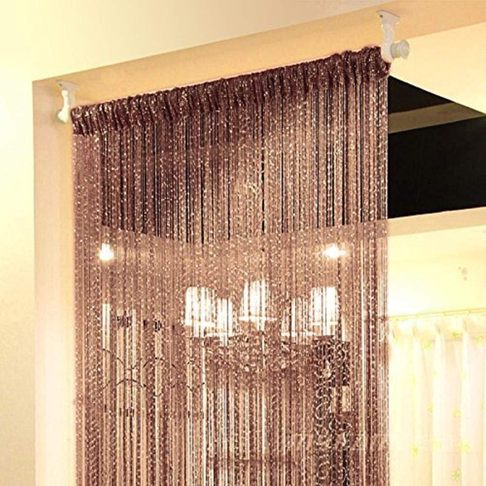 Topixdeals 37.4x76.7 Inch Rare Flat Silver Ribbon Door String Curtain Thread Fringe Window Panel Room Divider Cute Strip Tassel Party Events, Dark-brown, Pack of 2