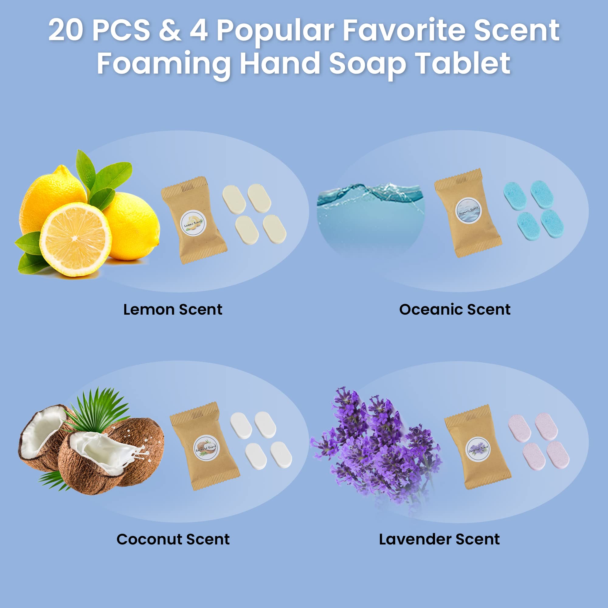 20 Pack Foaming Hand Soap Tablet Refills, 4 Scent, 12g Big Tablets, Makes 240 fl oz Soap Total, Eco Friendly Hand Wash Tablets Lemon, Coconut, Oceanic, Lavender Fragrance