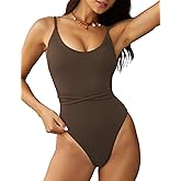 ZAFUL 2025 One Piece Bathing Suit for Women Ribbed Lace Up Swimwear Scoop Neck Padded Strappy Bathing Suits Deep Coffee XL
