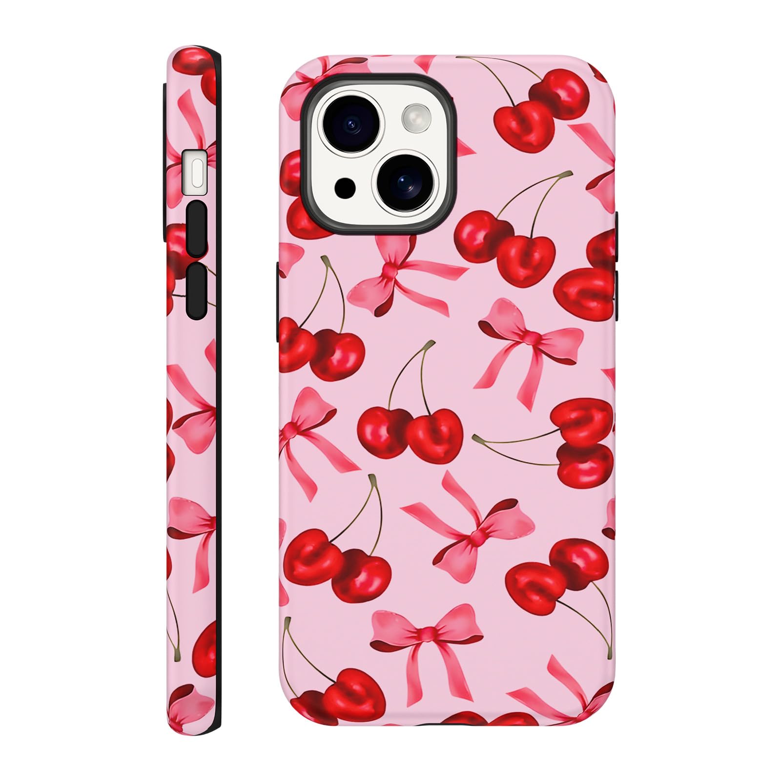 Yomjew Cute Bow Cherry Phone Case for iPhone 15 Case 6.1", Aesthetic Trendy Coquette Pink Ribbon Bowknot Pattern Print Design Matte Cover Shockproof Soft TPU Hard PC Protection Girls Women Funda
