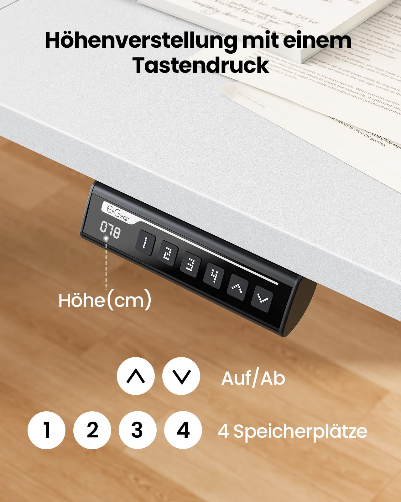ErGear Elektrisch Höhenverstellbarer Schreibtisch 140x70 cm, Schreibtisch Höhenverstellbar mit 4 Memory-Funktion, Gaming Tisch mit Vierteilige Tischplatte 4
