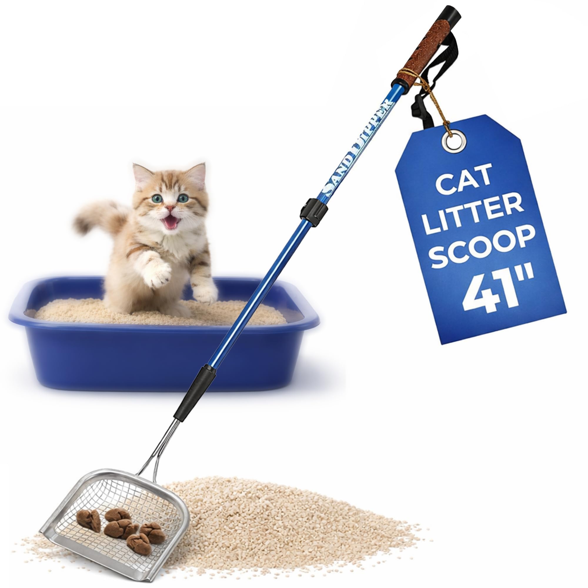 Sand Dipper Metal Cat Litter Scoop – Long Handle Cat Poop Scooper for Litter Box (41”), Heavy-Duty Stainless Steel Kitty Litter Scoop (Mid-Adjustable)