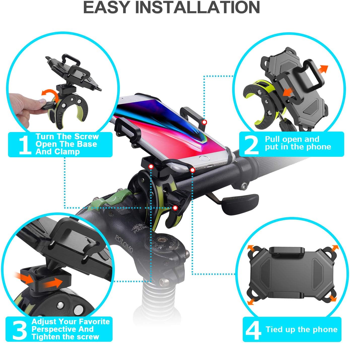 Bike Phone Mount,Motorcycle Cell Phone Holder,Universal Bicycle Handlebar with Rotation Adjustable Cycling Clamp Scooter Phone Clip for iPhone 12,X,8,7 Plus,Galaxy S9, S10