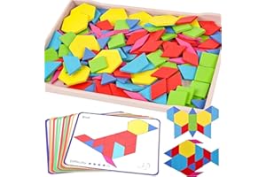 3 otters Wooden Pattern Blocks Shapes for Kids, Geometric Tangram Puzzle with Activity Cards, 150 PCS Educational Toy