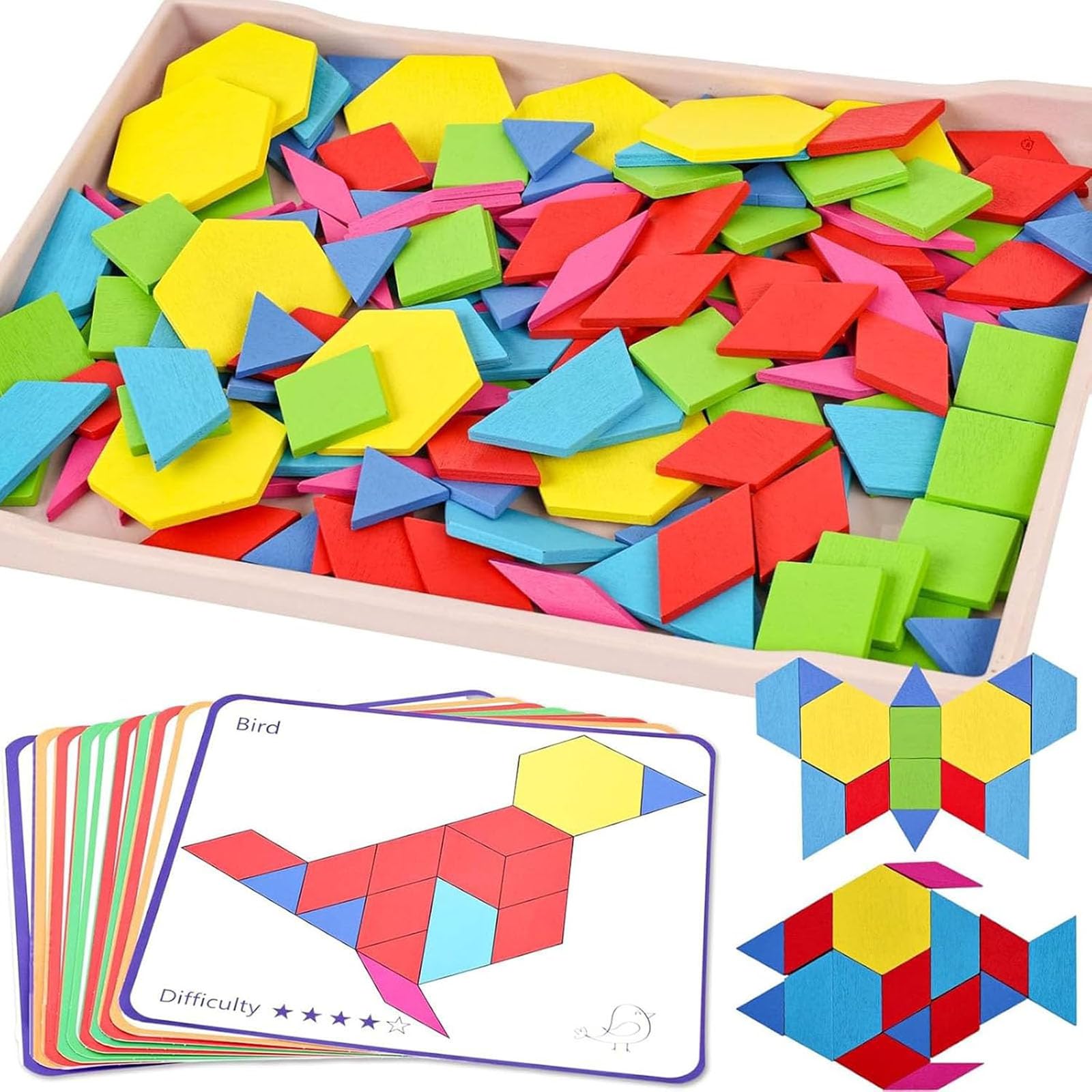 Photo 1 of 3 otters Wooden Pattern Blocks Shapes for Kids, Geometric Tangram Puzzle with Activity Cards, 150 PCS Educational Toy