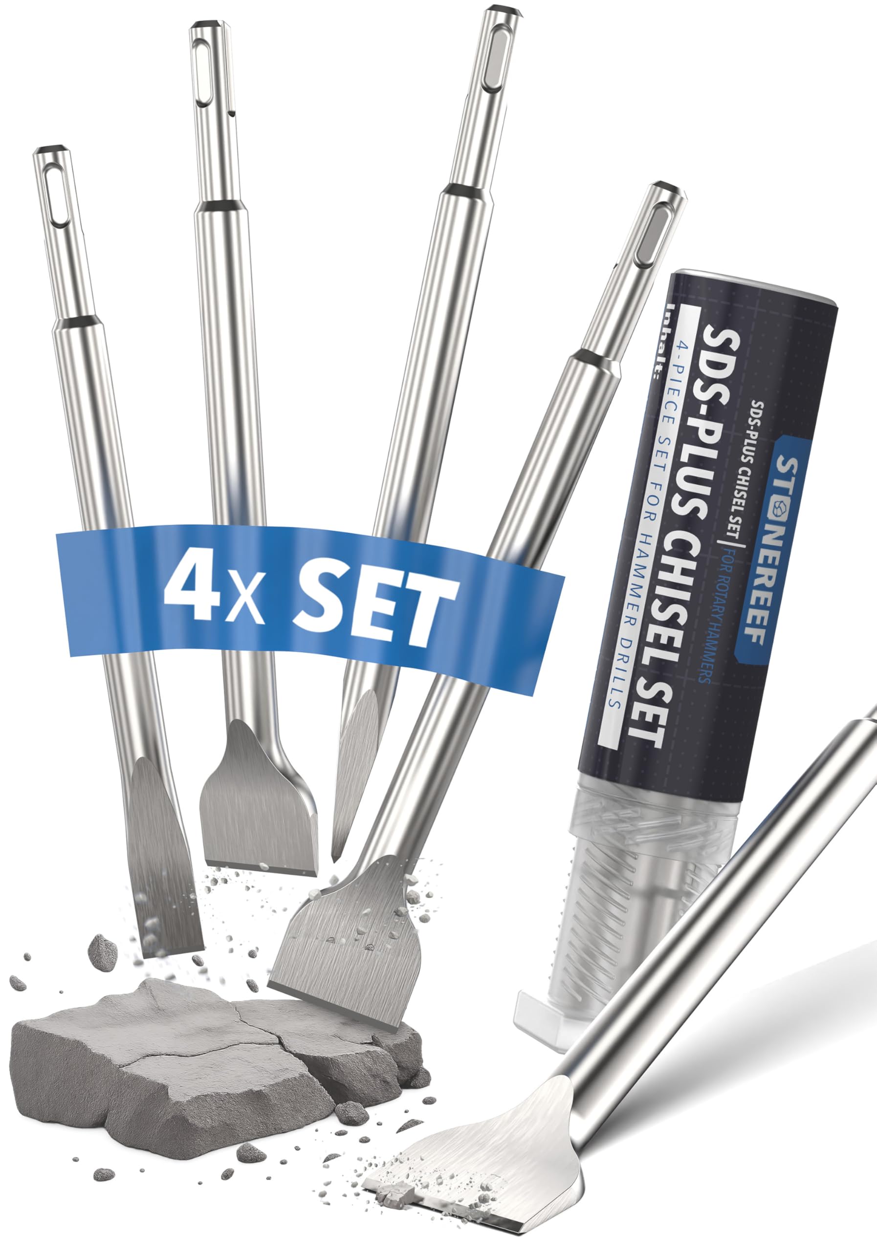 4 Piece SDS Plus Chisel Bit Set – Chrome Vanadium Steel – Pointed Flat Wide & Tile Chisel – for Concrete Masonry Brickwork
