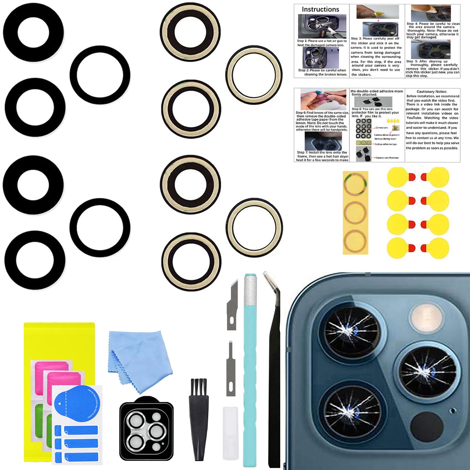 Photo 1 of 2 Sets LEAFE for iPhone 12 Pro Max Camera Lens Replacement, OEM Original Camera Glass Lens with Pre-Installed Adhesive+Repair Tools