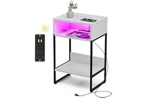 Innerjoin Side Table with Charging Station USB A&C Ports, LED Nightstand with Storage Compartment, Bed Side End Table with Color Charging Light Strip, White