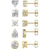 LUCA SMITH 5 Pairs 14K Gold Plated CZ Stud Earrings for Women Men Girls, 925 Sterling Silver Post Simulated Diamond Round Square Pear Shape Water Drop Shape Heart Shape Hypoallergenic Clear Cubic Zirconia Ear Pierced Stud Set