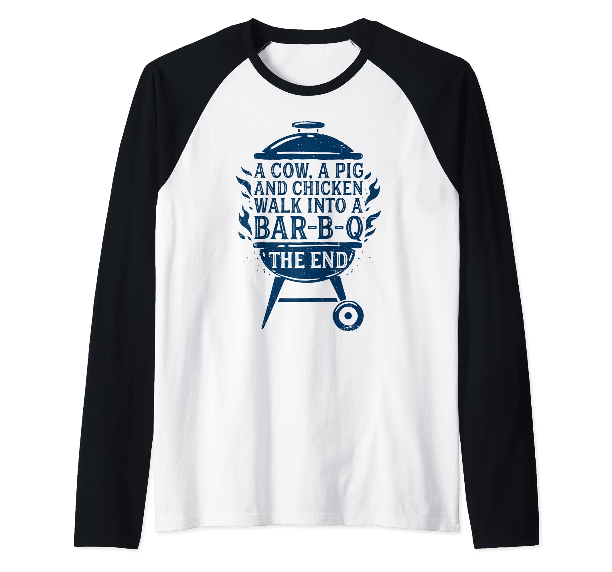 Chef A Cow A Pig And A Chicken Walk Into A BBQ Barbecue Raglan Baseball Tee