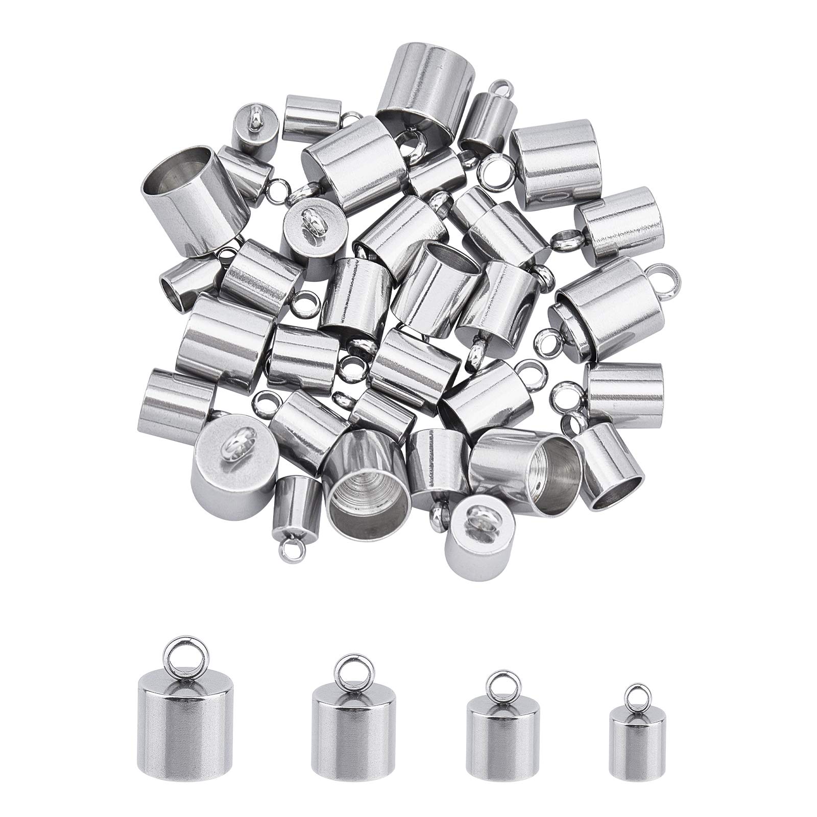 UNICRAFTALE About 4 Sizes 40pcs Stainless Steel Cord Ends Leather Cord End Caps Cord End Caps Terminators Cord Finding for Jewelry Making Kit, Stainless Steel Color