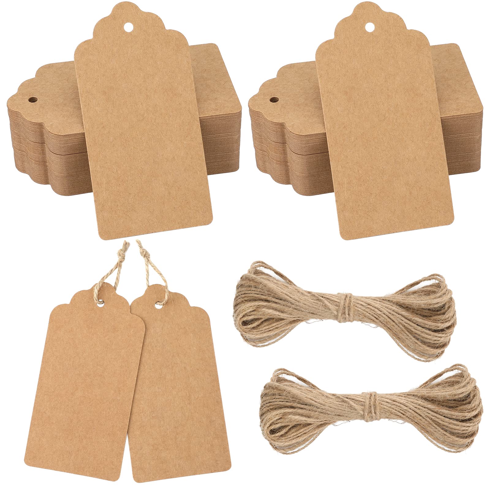 jijAcraft 100pcs Brown Tags,Kraft Paper Gift Tags with String 10x5cm Craft Hang Tags with 30M Jute Twine for Christmas Wedding Favours