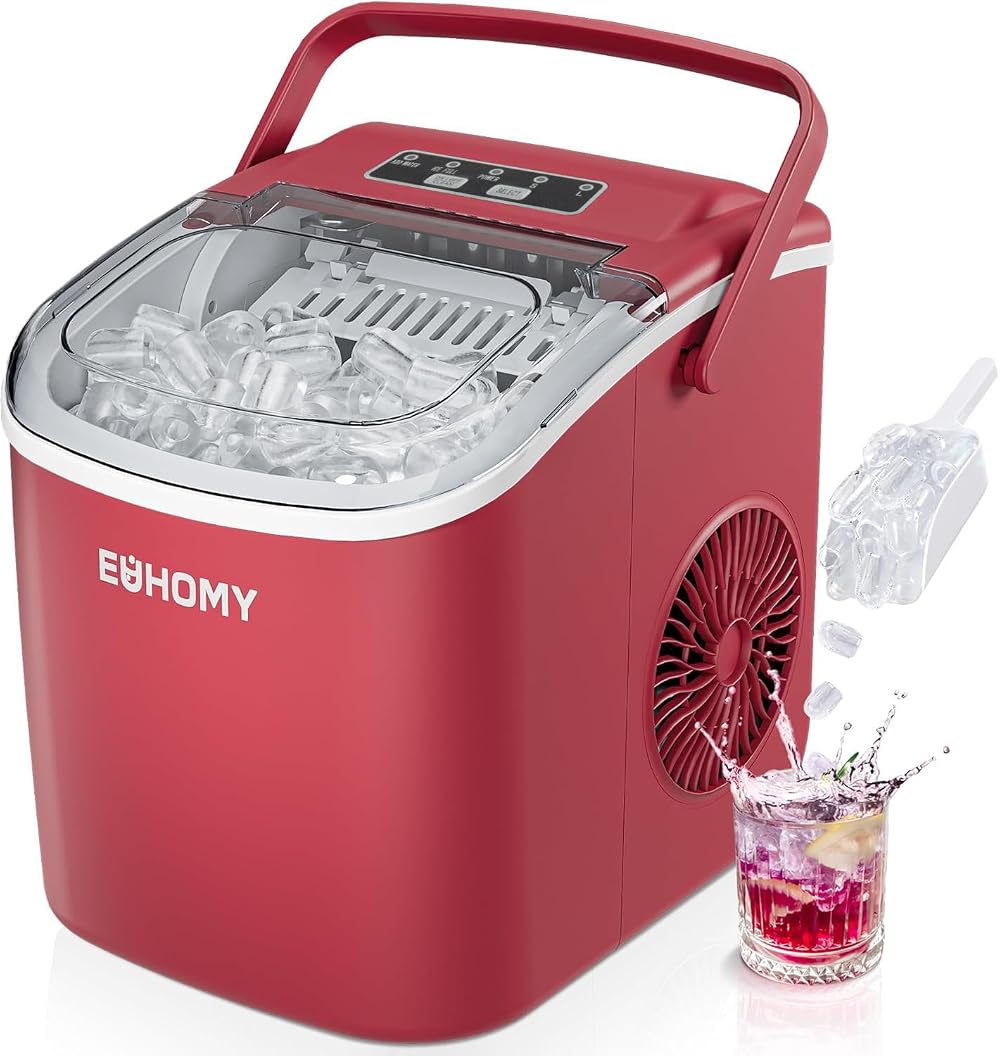 EUHOMY Countertop Ice Maker 9 Cubes in 6 Mins 2 Size Ice Red 12kg/24h