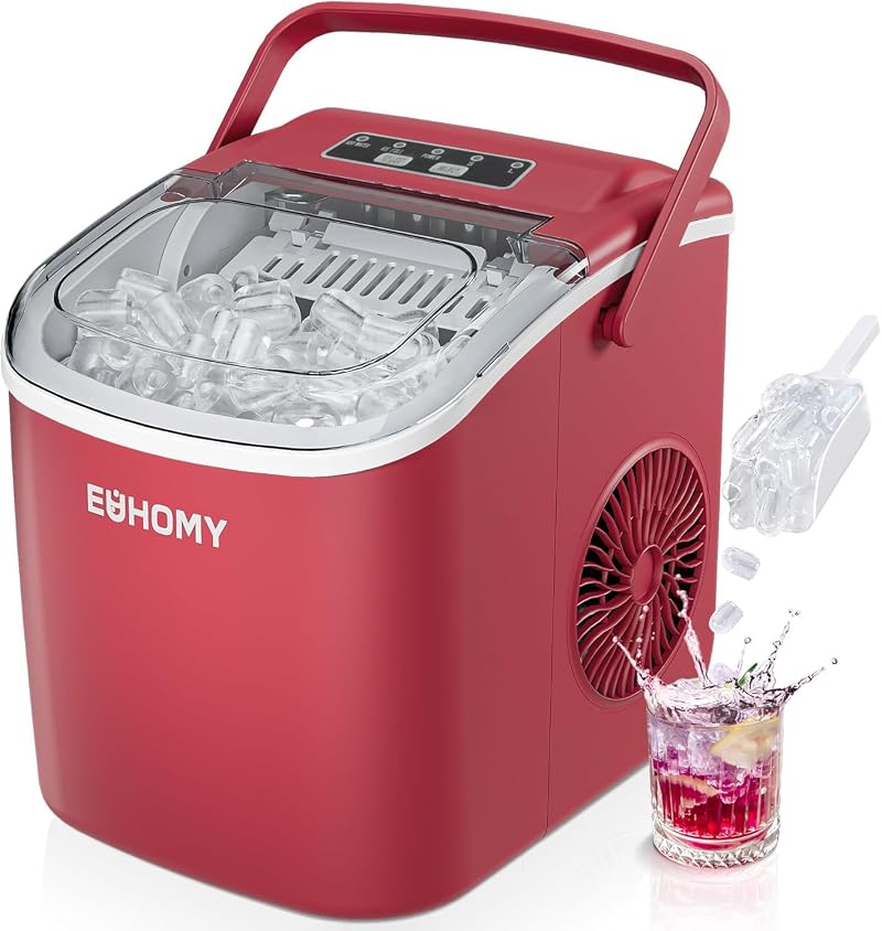 EUHOMY Countertop Ice Maker 9 Cubes in 6 Mins 2 Size Ice Red 12kg/24h