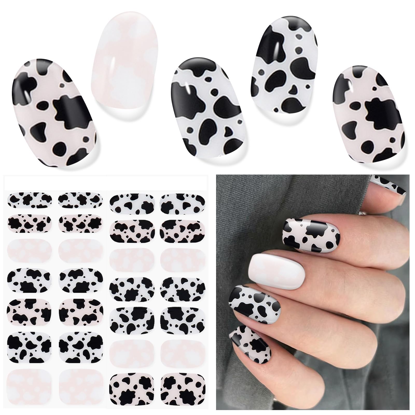 Photo 1 of DUKASOU Semi Cured Gel Nail Strips (Cute Dairy Cattle), 28 pcs UV Cow Gel Nail Stickers for Women Work with Any UV Lamps, Salon Quality Nails Wraps for Home DIY Nails Art