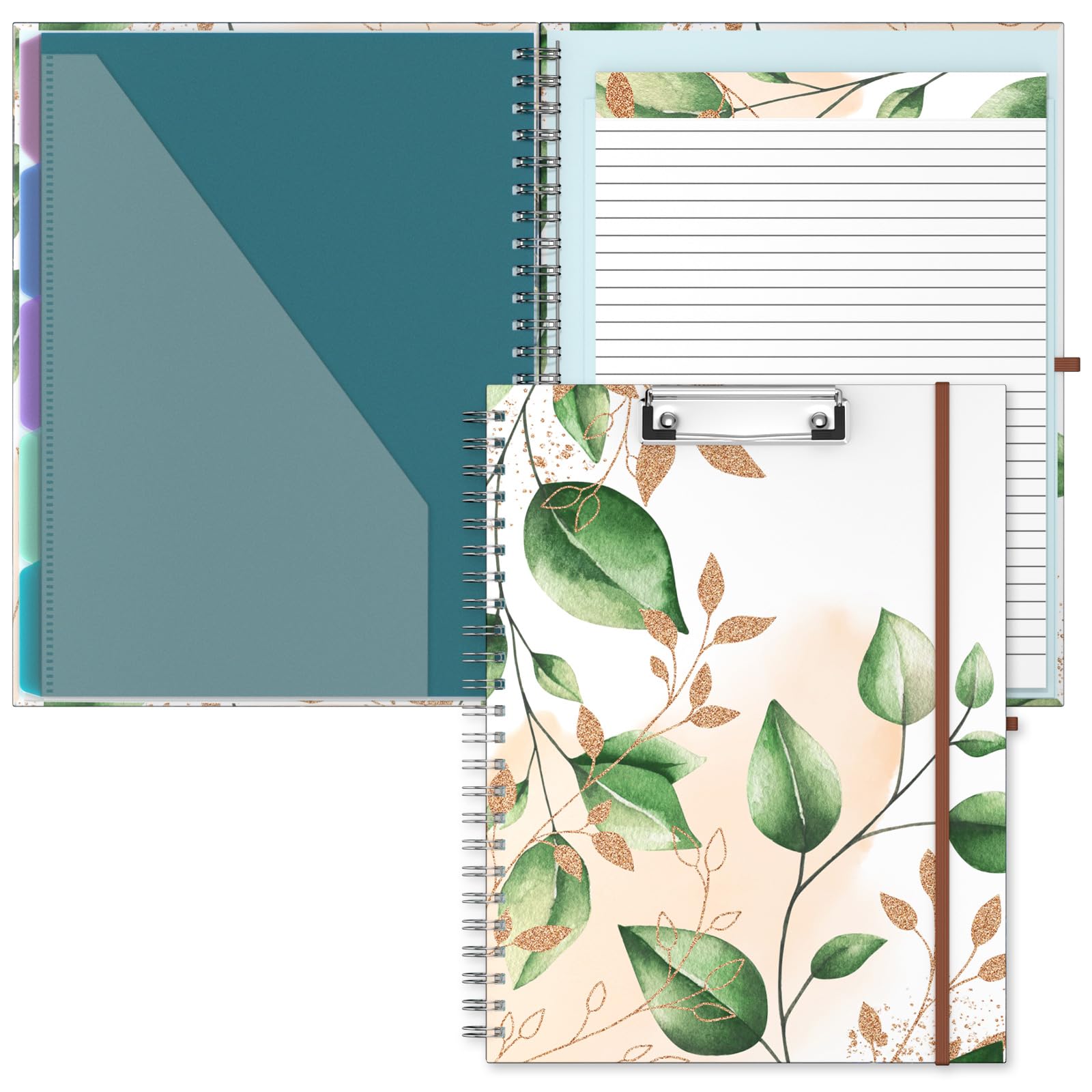 Hnogri Clipboard Folio with Refillable Lined Notepad, Clipboards with 5 A4 Folders Storage 10 Pockets, Spiral Clip Board Portfolio, Size 12.8" x 9.7", Office Supplies, School Supplies, Cute Leaf